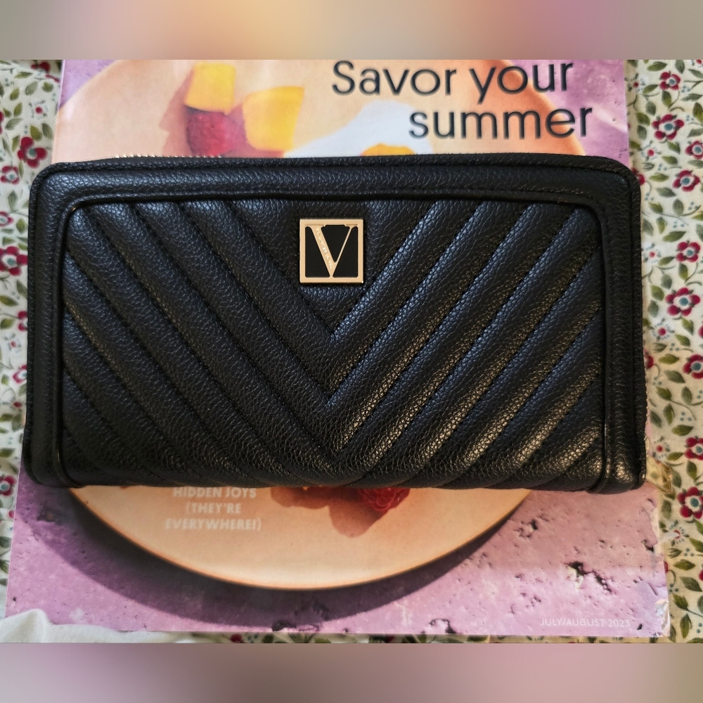Victoria's Secret Black Quilted Chevron Wallet with V-Logo~